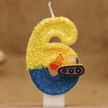 蓝黄挖掘机闪烁数字生日蛋糕蜡烛，生日庆祝派对装饰，可爱的手工数字蜡烛