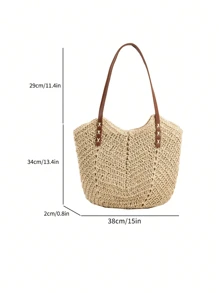 新款大容量手提包，编织草编设计，双手柄，女士沙滩包，适合通勤、日常购物、旅行、海滩，优雅轻便休闲便携，适合青少年、大学女生，非常适合大学、户外、旅行、度假