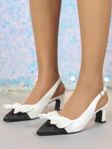 Zapatos de tacón alto de moda para mujer, combinación negro y blanco con material de satén, elegante y sexy para boda, fiesta, lindo tacón de bloque con punta abierta y lazo