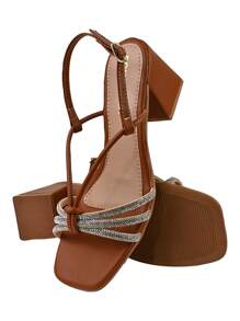 Monte Shoes Women's Sandals CM Shoes Square Toe High Heel Casual Metallic Rhinestone Pearl New - Rust Brown - View 3