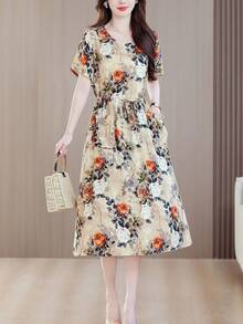 Nuovo abito estivo casual ed elegante da donna con stampa, maniche corte, lunghezza midi