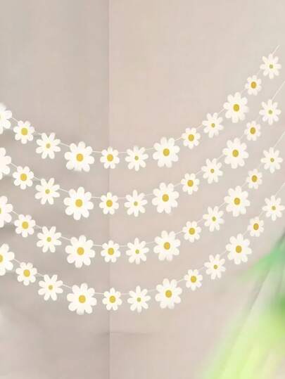4 jeux - Guirlande de bannière de marguerite, décoration d'anniversaire boho hippie groovy, décoration de fête de marguerite, bannière florale de printemps suspendue, découpes en papier de marguerite, kit de guirlande de marguerite de style frais avec fleurs blanches, décorations de fête de marguerite pour fournitures d'anniversaire, fêtes, mariages, retour en classe