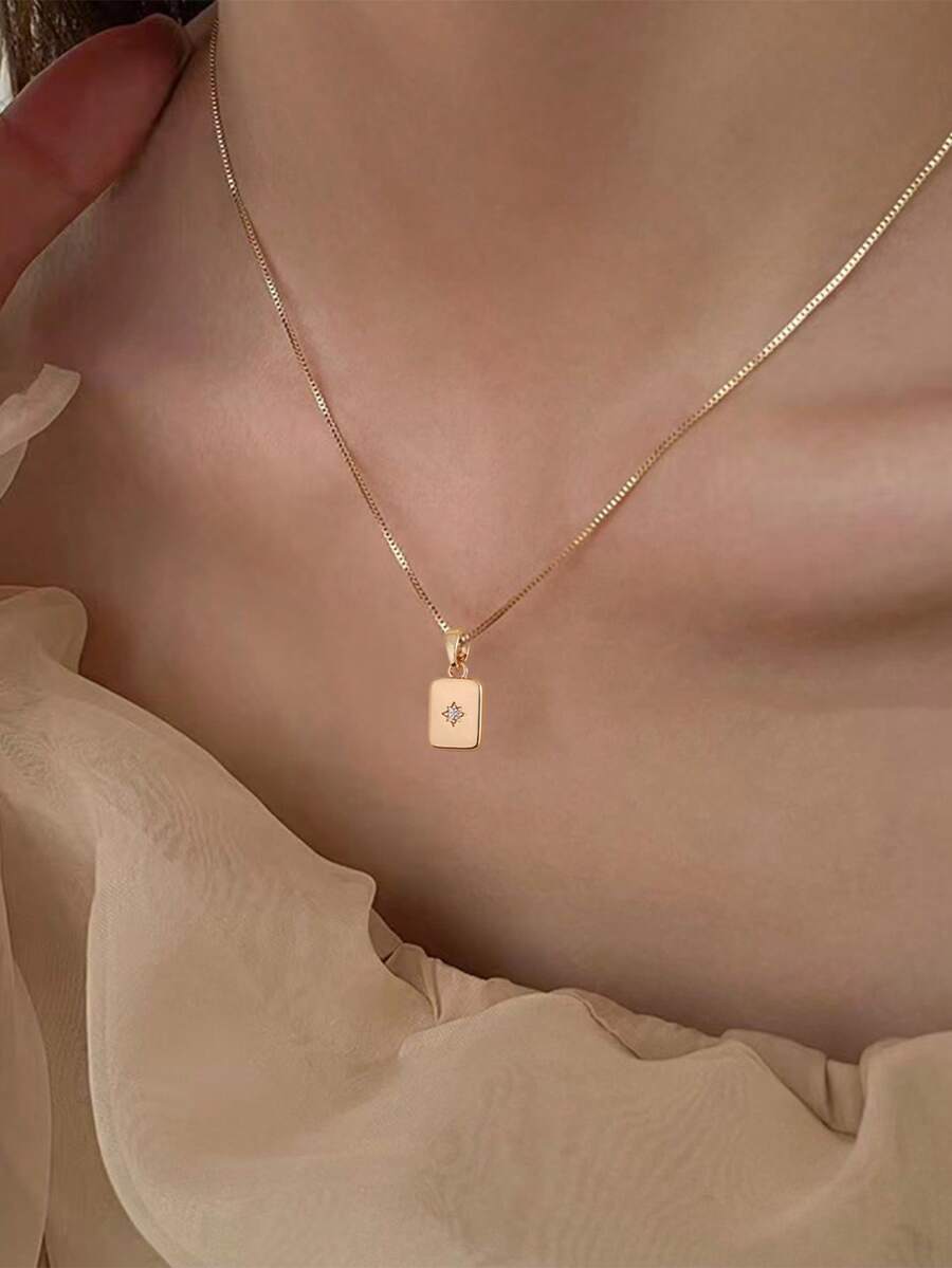 1pc Gold-Tone Round Snake Bone Chain Necklace With Rectangle Cubic Zirconia Pendant, Suitable For Cute Girls Everyday Wear - Yellow Gold - View 1
