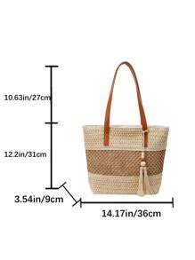 1pc New Fashionable Vacation Style Women Beach Tote Bag, Lightweight Handwoven Straw Shoulder Bag With Contrast Stripes, Tassel Decor, Casual Woven Handbag, Zipper Closure, Perfect For Holiday And Travel