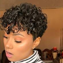 Glueless Cut Wig Human Hair For Women -Short Water Wave Curly With Bangs Pre Plucked Brazilian Remy Real Human Hair, Easy To Wear Wig Full Machine Made Short Cut Wig