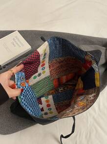 Casual Commuting Large Handbag For Women, New Design Double Sided Denim Tote Bag Shoulder Armpit Large Capacity Plaid Bag