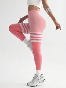 Spring Summer Pink Color Block Seamless Yoga Pants For Women, High-Waisted Outdoor Workout Leggings, Pink Athletic Pants For Biking, Hiking, Climbing, Running.
