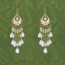 波西米亚风彩色羽毛耳环，女式串珠流苏吊坠耳环 - 白色 - 查看 18