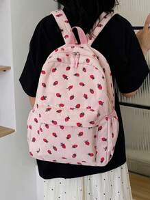 1 件草莓印花休闲轻便可折叠涤纶背包，带多个口袋，拉链开合，适合青少年、大学生、女性、日常通勤、购物、旅行、返校、毕业礼物