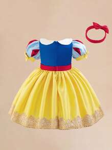 女婴黄色泡泡袖公主蓬蓬裙，适合派对穿着 - 黃色 - 查看 3