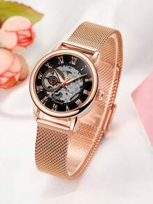 FORSINING 1pc Fashion Rose Gold Mechanical Watches Luminous Hands Mesh Stainless Steel Strap Classic Skeleton Roman Numeral Scale Dial Business Elegant Ladies Watches Top Brand Luxury Christmas Day New Year Birthday Gifts
