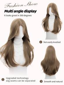 前额蕾丝 4*1，前额蕾丝长波浪假发，中心分叉假发，亚麻棕色 26 英寸半编织日常自然、光滑逼真的假发（不含配件） - 亞麻棕 - 查看 5