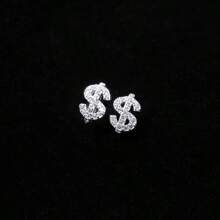 1 Pair Hiphop Style Earrings, Copper Framed Synthetic Zirconia Earrings With Dollar Sign Design, Minimalist & Personalized