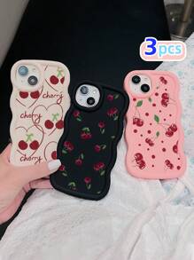 White Pink Black Milky White Creative Wavy Texture 3pcs Cherry Pattern Shockproof Phone Cases Fashion Phone Cases Compatible With IPhone & Galaxy Phones Spring Gift Case,International Version, Not The Domestic Version - Multicolor - View 1