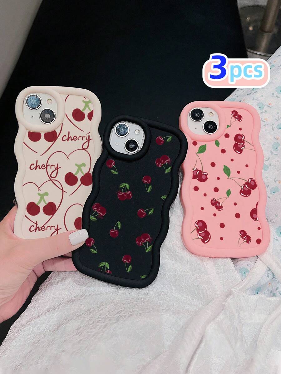 White Pink Black Milky White Creative Wavy Texture 3pcs Cherry Pattern Shockproof Phone Cases Fashion Phone Cases Compatible With IPhone & Galaxy Phones Spring Gift Case,International Version, Not The Domestic Version - Multicolor - View 1