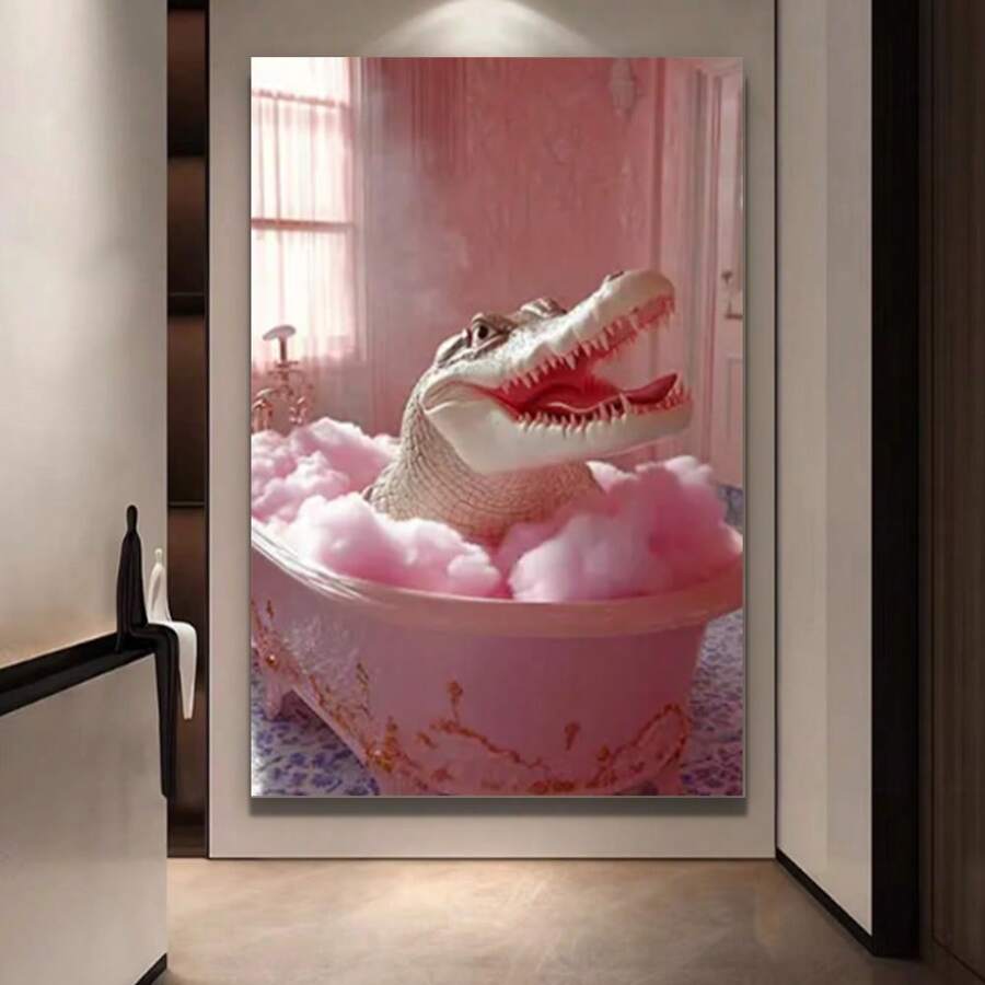 Framed Quality Print| Whimsical Pink Crocodile In Bathtub Canvas Art - High-Definition, Pine Wood Framed | Colorful Floral Dign | Ideal For Living Room, Bedroom, Office Decor | Unique Gift For Family And Friends - Đã đóng khung - Xem 1