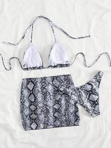 3pcs Set: Vintage Snake Skin Print Swimwear With Sarong & Robe For Women, All-Match Minimalist Sexy Elegant Casual Vacation Versatile Swimwear Bikini - Multicolor - View 4