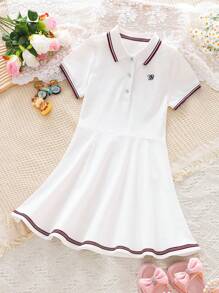 Vestido Casual e Chique com Bordado, Gola Polo e Manga Curta para Meninas, Vestido Uniforme Elegante de Linha A, Estilo Escolar, para Crianças Pequenas a Adolescentes