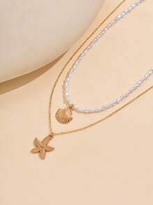 2 件/套手工仿珍珠海星贝壳金属吊坠项链和颈链，串珠首饰套装，适合日常、海滩、节日派对佩戴 - 貝殼+海星 - 查看 3
