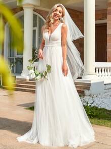 EVERPRETTY Elegant Sexy V-Neck Sleeveless Applique Waist Mesh Wedding Dresses White Bridal Gown Formal Dresses For Summer Wedding, Bride