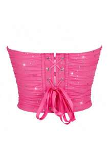 Áo nữ lưới thoáng khí sequin mùa hè lau ngực gợi cảm nóng bỏng - Màu Hồng Tươi - Xem 5