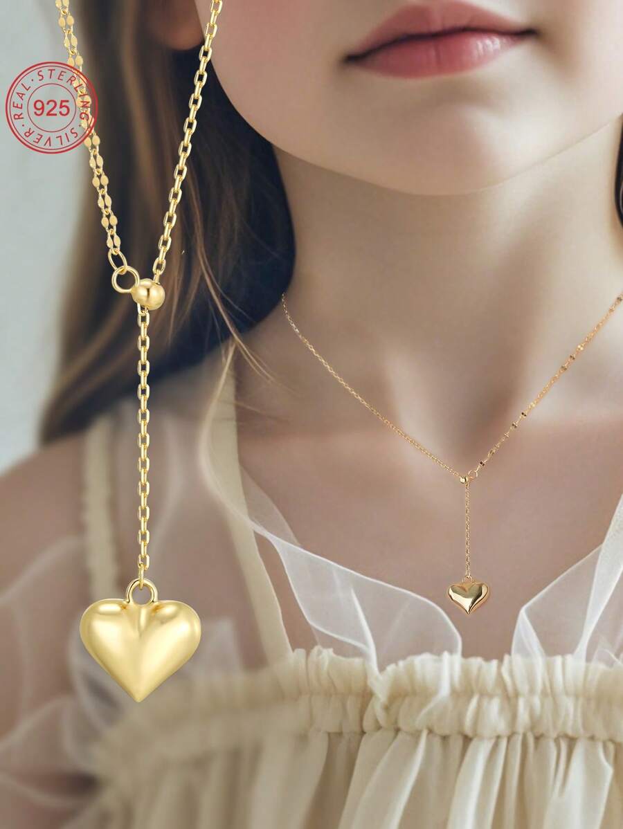 Artepollo 1 件 925 银防过敏心形吊坠项链，双链设计，优雅个性化，适合节日或日常佩戴，适合送给孩子、朋友、生日、返校的礼物