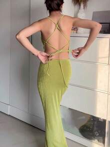 Women Plus Size Solid Sexy Halter Backless Fashion Spring Summer Party Vacation Daily Dress - Green - View 5