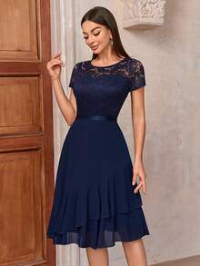 MIUSOL Contrast Floral Lace Chiffon Insert Ruffle Trim Cocktail Party A-Line Dress - Navy Blue - View 6