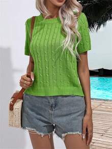 Elegant Round Neck Cable Knot Plain Color Ladies Short Sleeve Knitted Pullover Top, Spring/Summer - Green - View 5