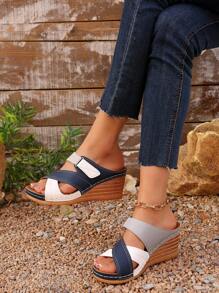 Women's New Summer Casual Retro Hollow-Out Versatile Fashion Anti-Slip Breathable Contrast Color Sandals, Buckle Hook And Loop Platform Mid-Heel Slides - Blue and White - View 1