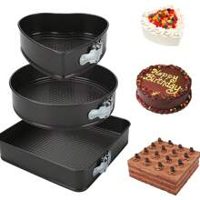 Hedrix Set Of 3 Cake Molds Three Design, Circle, Square And Heart Shaped Spring Form Non Stick Baking Steel Multi Shape Baking Tray (Black). , 24cm, 26cm, 28cm - Black - View 1