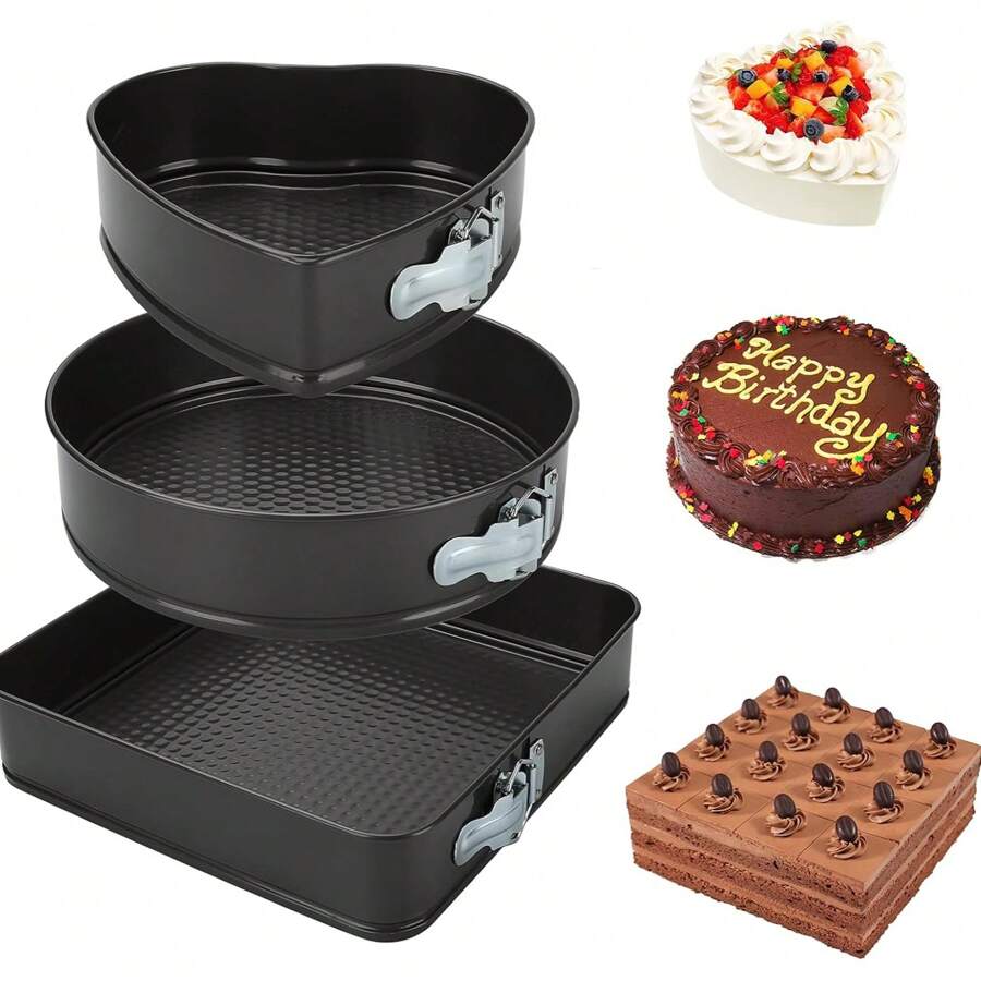 Hedrix Set Of 3 Cake Molds Three Design, Circle, Square And Heart Shaped Spring Form Non Stick Baking Steel Multi Shape Baking Tray (Black). , 24cm, 26cm, 28cm - Black - View 1