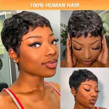 Short Layered Pixie Human Hair Wigs 1B Color Pixie Cut Wigs For Women With Bangs Brazilian Virgin Human Hair Wigs For Women Glueless Full Machine Made Wigs For Christmas Party Cosplay Daily Use Wigs