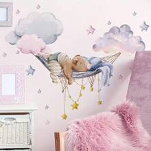 BR1206Q Schattige slapende beer in wolken zelfklevende muursticker, geschikt voor het decoreren van woonkamer, slaapkamer en bank, zelfklevende muursticker, lentedecoratie om uw huis op te frissen, Rama muurdecoratie sticker