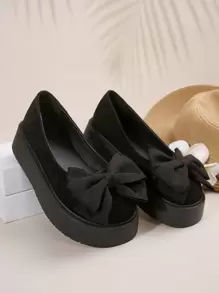 女士一脚蹬舒适黑色蝴蝶结装饰圆头厚底鞋时尚百搭高端感极简设计玛丽珍鞋春夏 - 黑色 - 查看 2