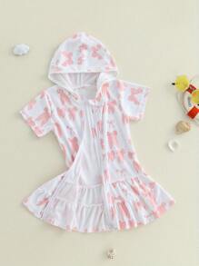 Kids Girls Bow Print Hooded Zip - Up Towel Robe - Swim Coverup For Beach Holidays - White - View 5