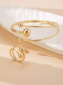 1 Set Vintage Hollow Openwork Bangle Bracelet & Ring, Elegant Woman Accessories - Yellow Gold - View 3