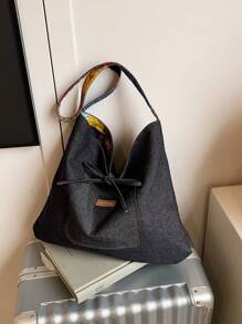 Casual Commuting Large Handbag For Women, New Design Double Sided Denim Tote Bag Shoulder Armpit Large Capacity Plaid Bag