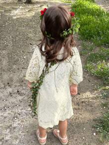 Jong meisje effen kleur schattige kant 3/4 mouw knie lengte prinsessenjurk, bloemenmeisje bruiloft feest