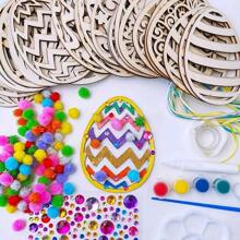 24-delige Paashouten DIY Hangende Eieren Decoratie Kit - Verf Je Eigen Eieren Decoraties, Willekeurige Kleuren Inbegrepen, Onafgewerkte Houten Eieren Met Bloemen- & Zigzagpatronen, Glitters, Linten En Touwtjes, Handgemaakte Ambachten - Natuurlijk Hout, Schilder Cadeau