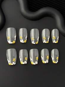 Paquete de 10 piezas Puntas de uñas transparentes con diseños florales pintados a mano en forma de ataúd francés, uñas postizas de cobertura completa brillantes DIY