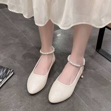 Summer Breathable Hollow-Out Flats, Strap Pearl Chain Loafers, Soft Sole Slip-On - Beige - View 2