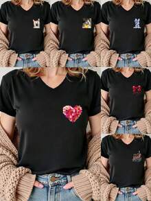 Customized Gift, Customized Women's T-Shirt - Add Your Own Text And Images (Family Photos/Selfies/Pet Photos/Friend Photos) To Design Your Own Personalized Printed T-Shirt, Fitted T-Shirt, Custom Pet Face, Youth/Couple/Family/Pet Photos, Anniversary Gift, Valentine's Day, Christmas, Thanksgiving, New Year Patterns, Logo | Business | Wedding Gift | Party | Birthday Gift,Delicate Romance,Customized Women Tops - Black - View 3