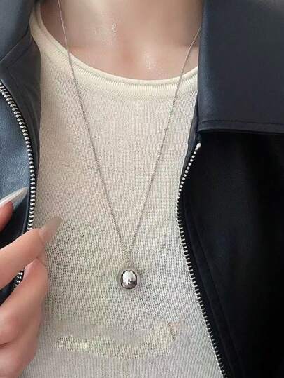 1pc 18K Gold Plated Stainless Steel Long Round Ball Pendant Necklace, Simple & Versatile, Suitable For Daily Decoration