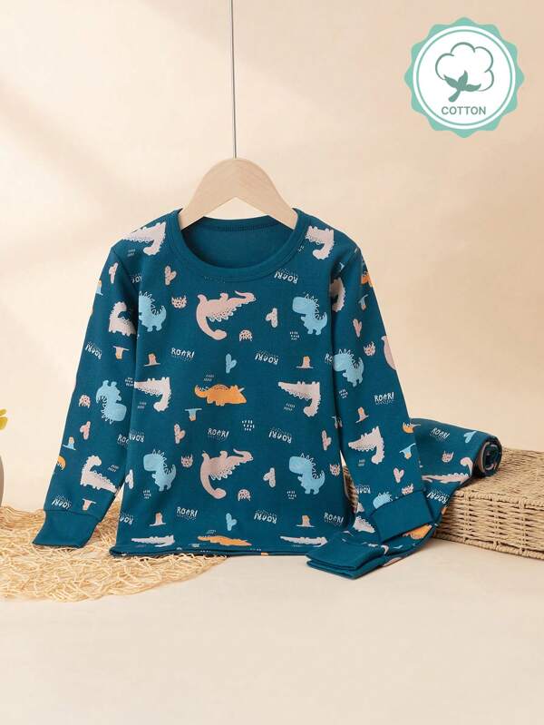 Pyjama Set mit durchgehendem Dinosaurier Muster, Kinder Homewear Loungewear