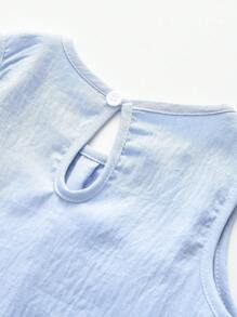 少女夏季休闲平纹针织蝴蝶结背心和裤子两件套 - 藍色 - 查看 5