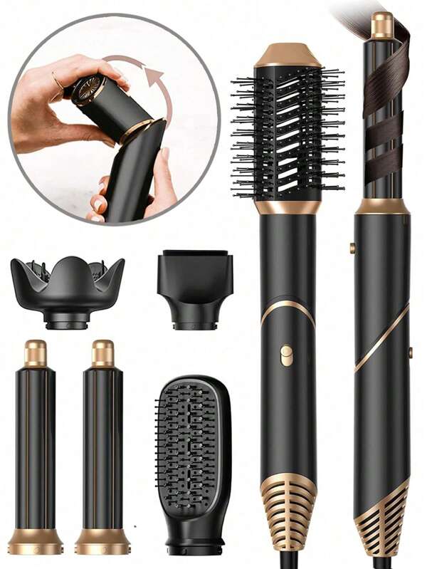 6 In 1 Foldable Hair Styler Set With Diffuser, High-Speed Hair Dryer Brush Blower Negative Ionic Hot Air Brush With Interchangeable Brush Head Hair Dryer Diffuser For Fast Drying Curling Volumizing Straightening