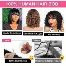 Short Water Wave Bob Wigs With Bangs For Women Human Hair Short Wigs Curly Brazilian Remy Hair Wigs Glueless None Lace Front Wig Natural Color