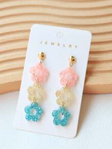 1 Pair Acrylic Bling Bling Flower Earrings In Sweet Pink, Yellow And Blue, Glittering Lovely Design, Suitable For Women As Party/Holiday Gift