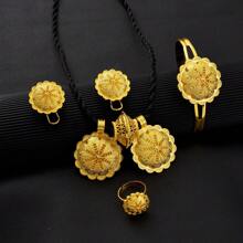 Juego de joyería con diseño geométrico de color dorado - Colgante, aretes, anillo y pulsera con diseño de flor, regalo para damas africanas o de Dubái en bodas y fiestas